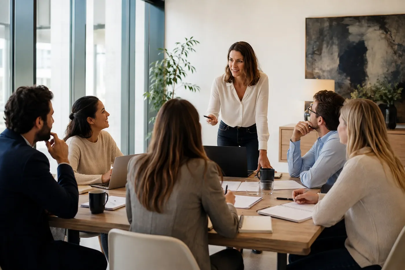A trainer leads a session with a group of salespeople seated around a large table.