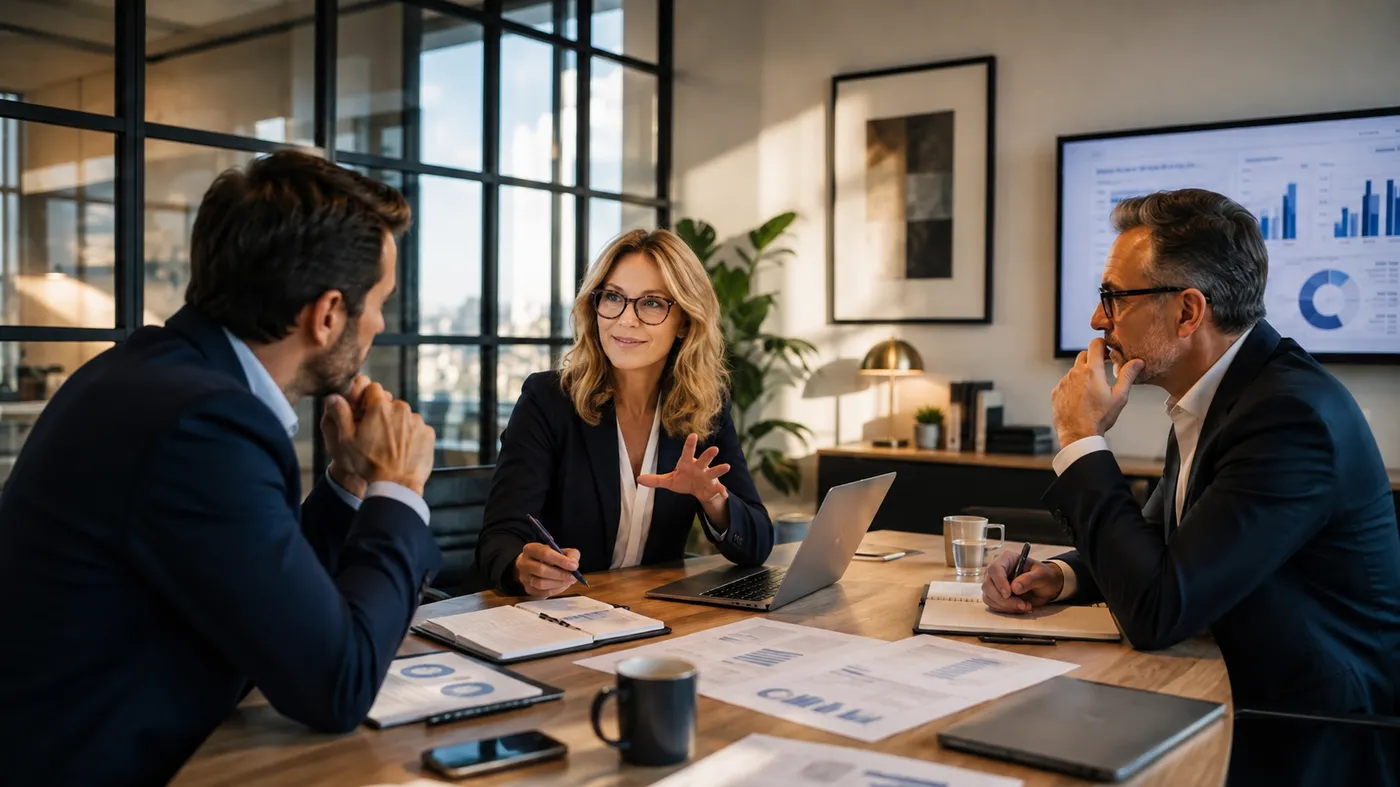 A consultant in discussion with two executives around a meeting table covered in analysis documents