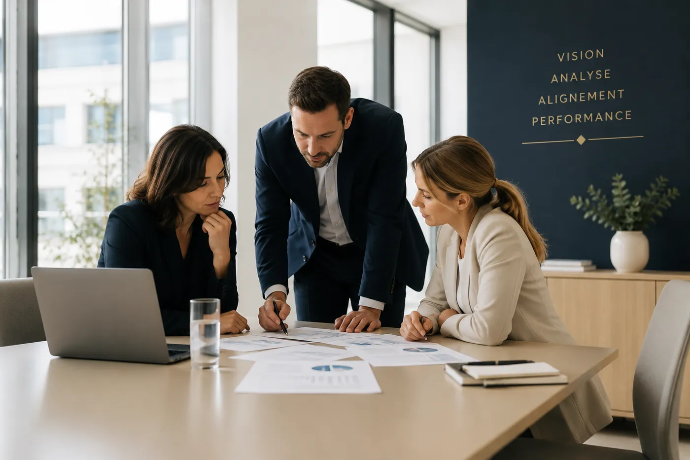 Three professionals analysing documents at a table in front of a navy wall reading Vision, Analysis, Alignment, Performance
