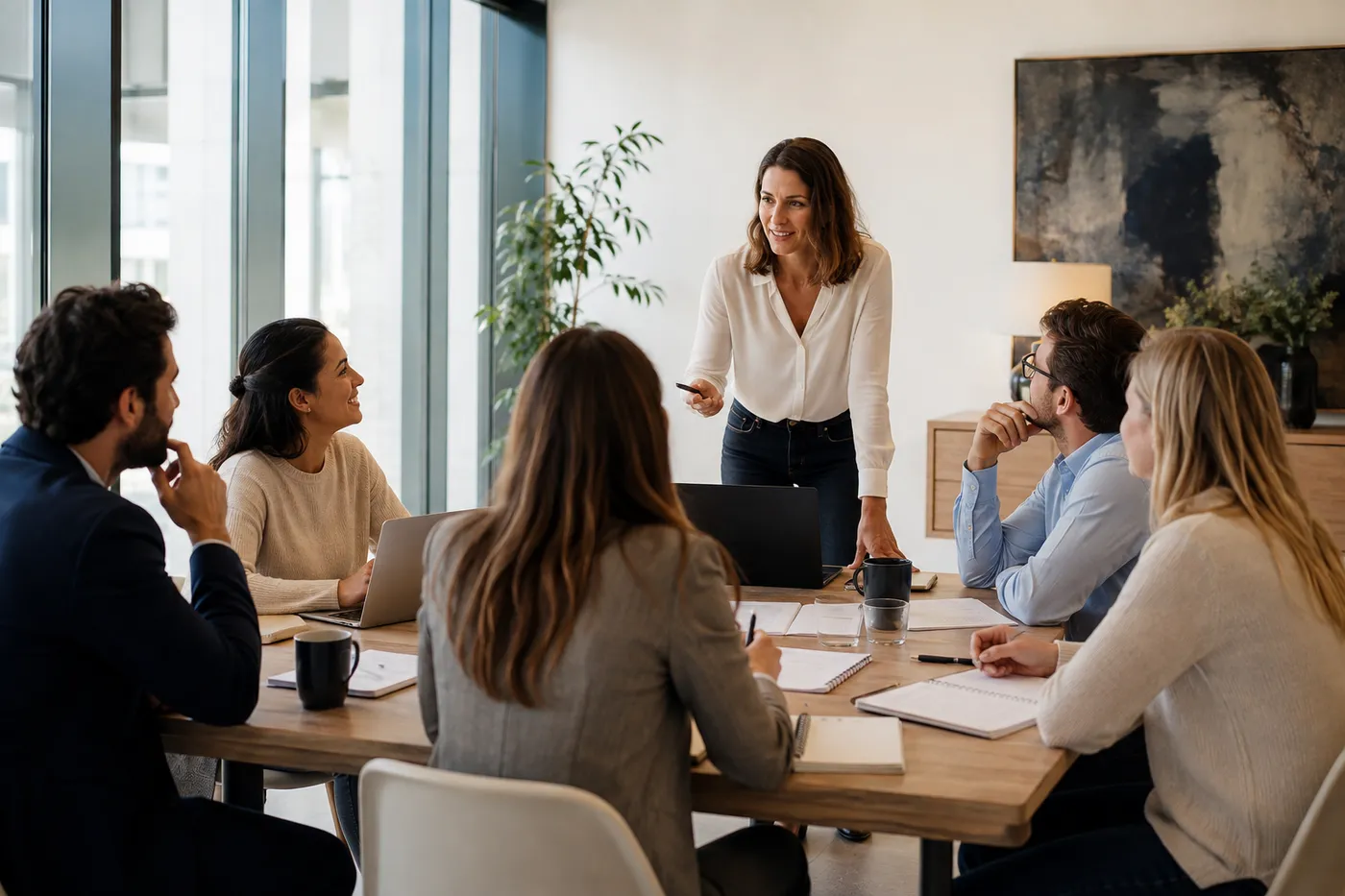 A trainer leading a session for a group of professionals gathered around a large table