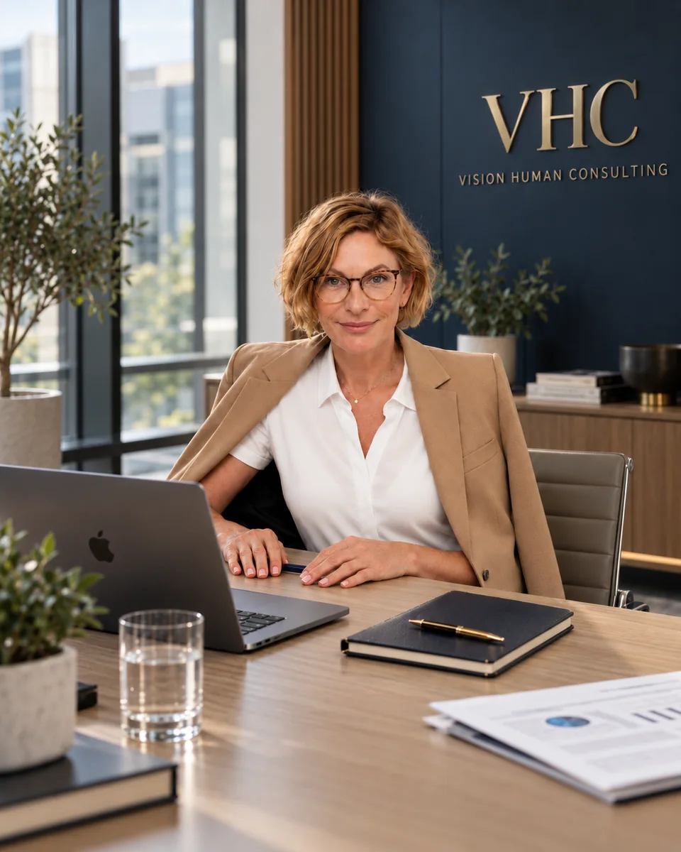 Karen Schenck, founder of Vision Human Consulting, at her desk in front of the VHC monogram