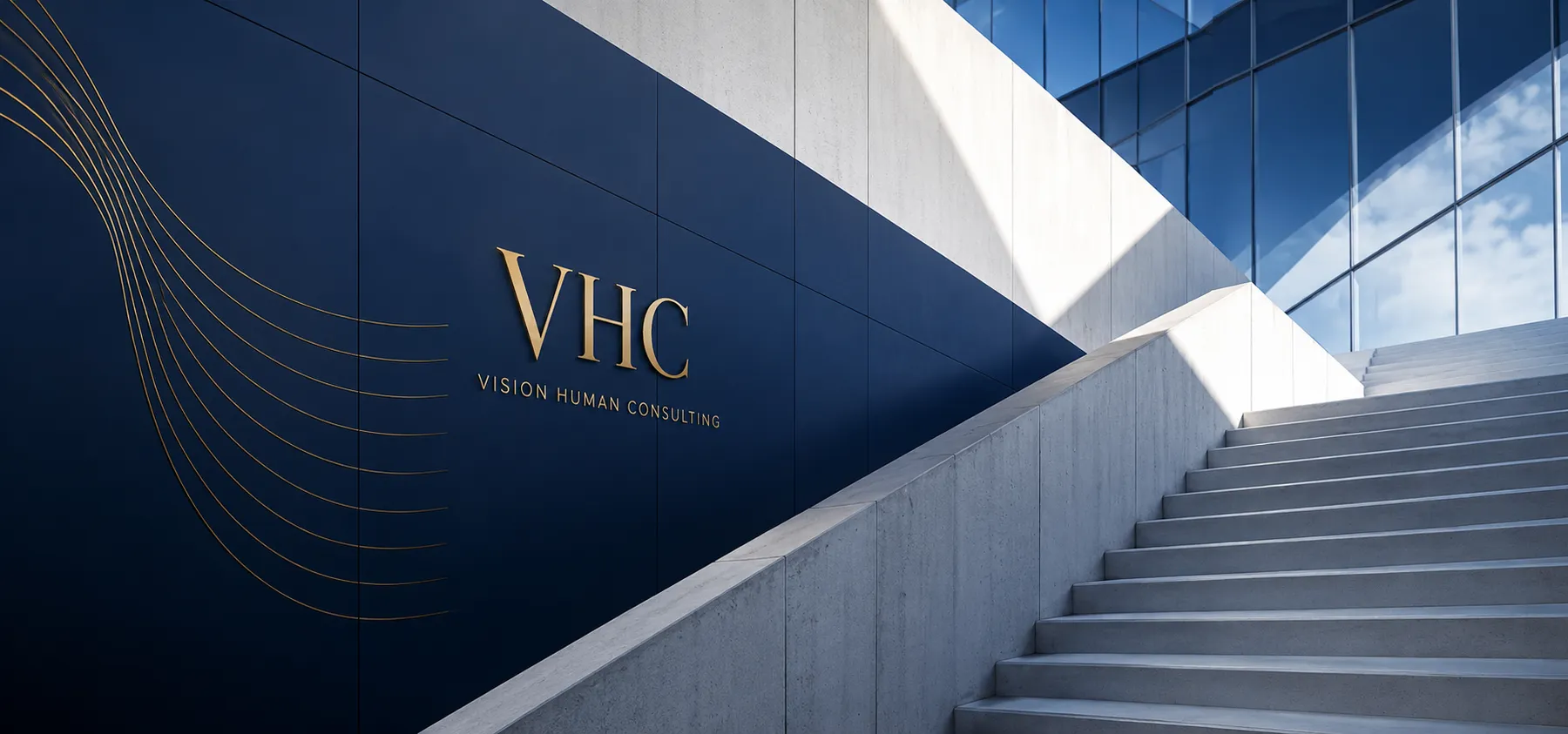 Gold VHC monogram on a navy wall with flowing gold lines, beside a sunlit concrete staircase